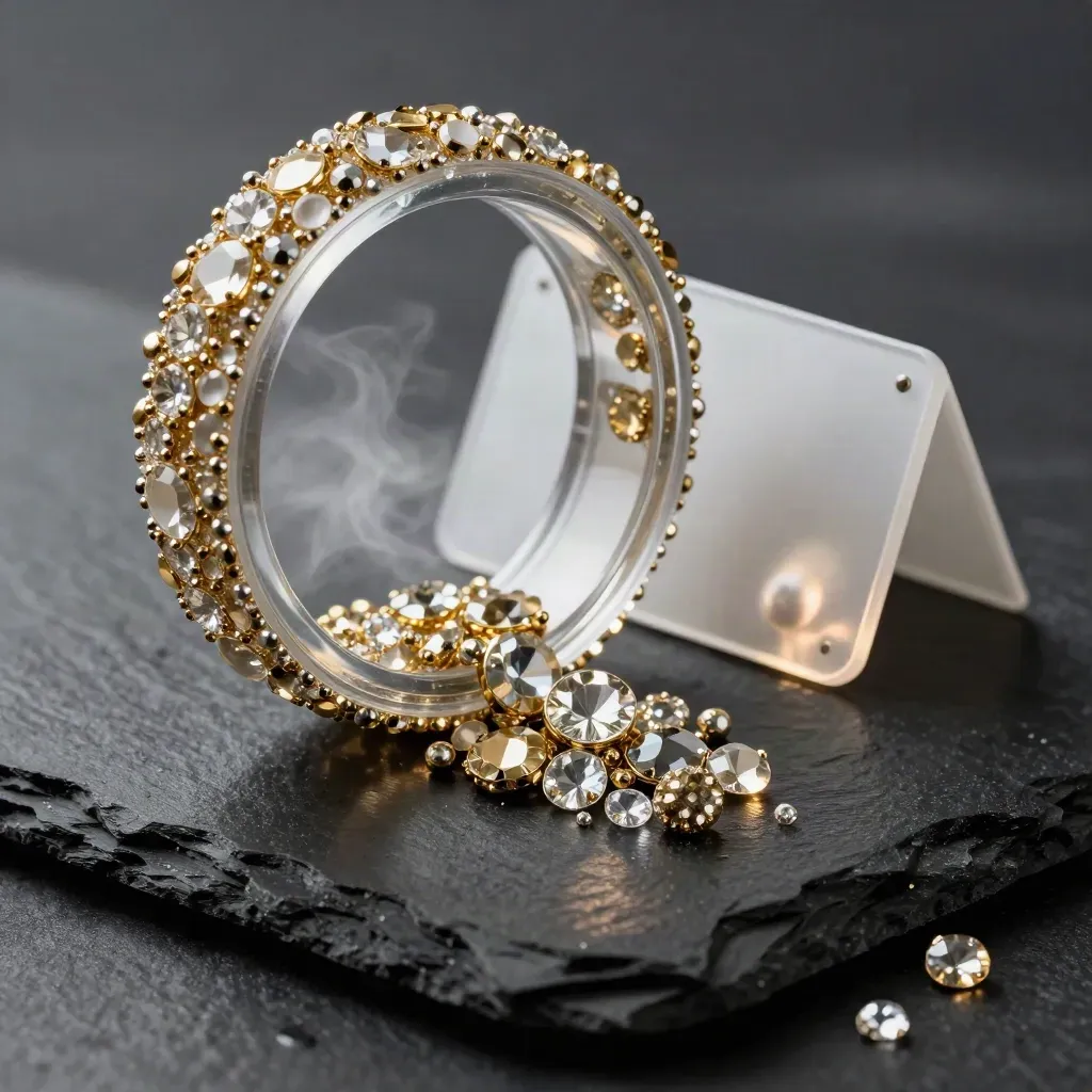 Clear wheel of gold rhinestones spilling across wet slate under dramatic light.