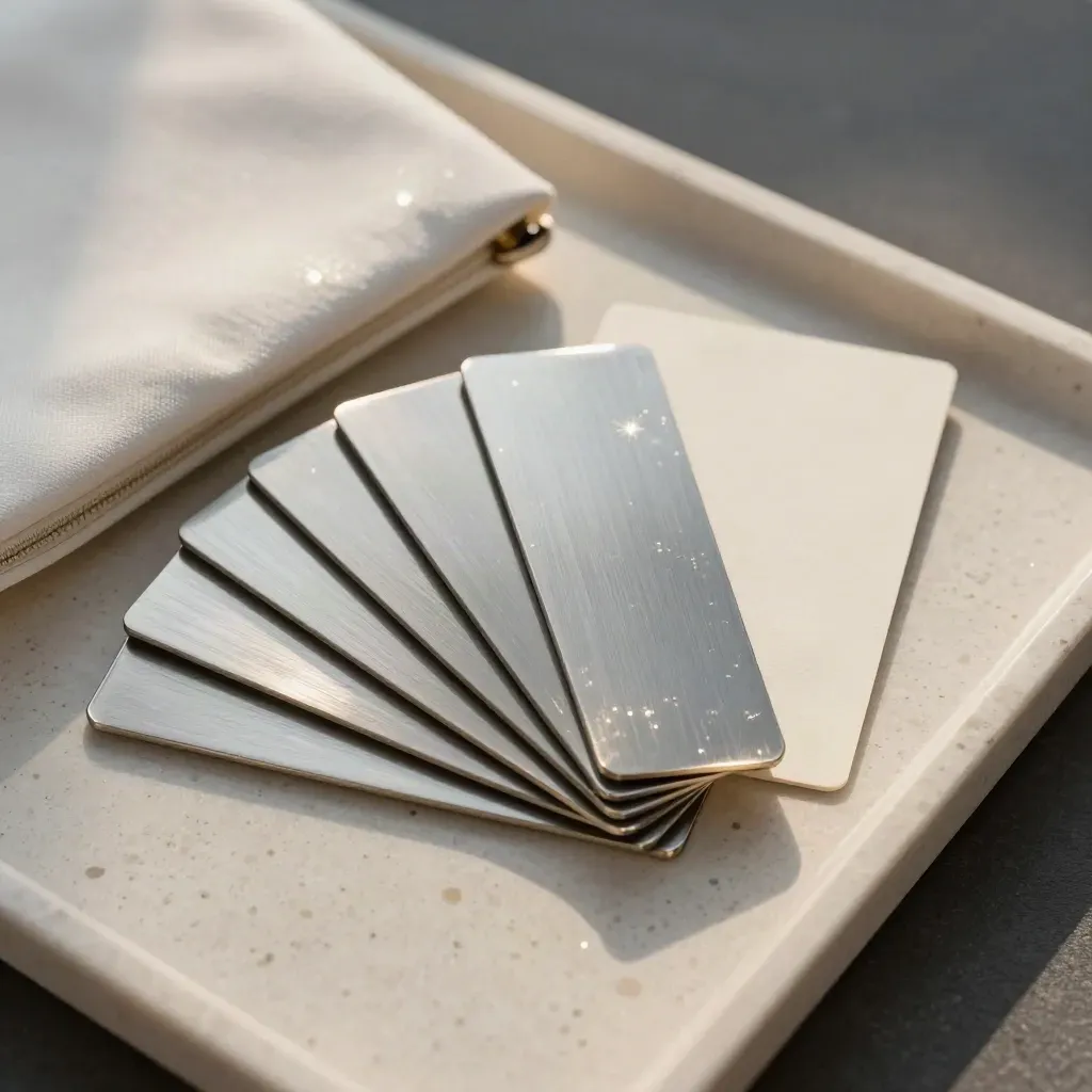 Six stamping plates fanned beside a pearl pouch on travertine