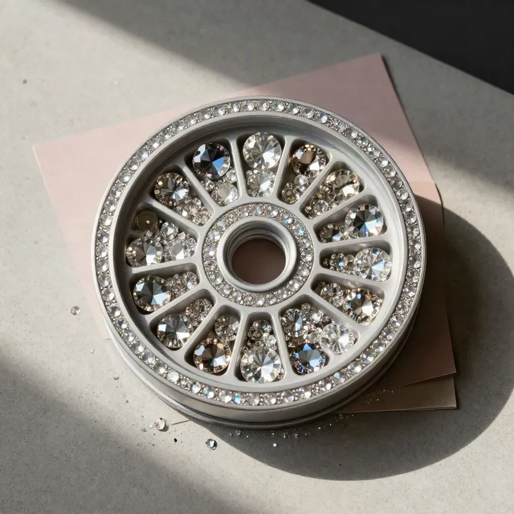 Overhead flatlay of an open AB rhinestone wheel with mixed-size crystals on pale concrete.