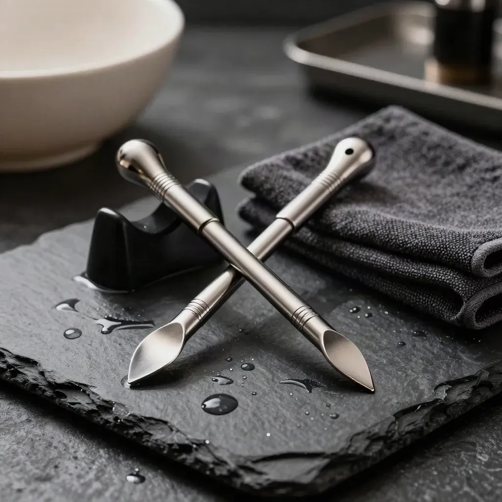 Mirror-polished manicure pushers crossed on wet slate with dark salon props